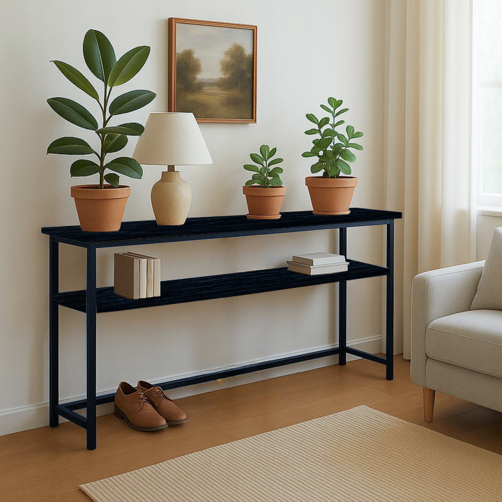 KONSOLA TOALETKA Z PÓŁKĄ ZA KANAPĘ LOFT 100 x 20 x 100,2 CM CZARNA [KONSOLA6]