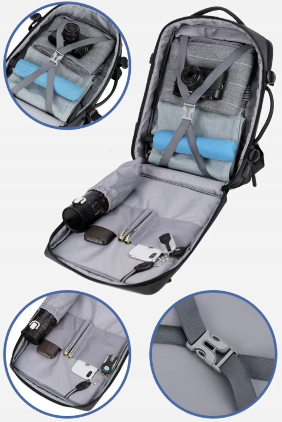 PLECAK DO SAMOLOTU TURYSTYCZNY RYANAIR 40x20x25 CM JASNY SZARY Z TORBĄ NA BUTY I ZAWIESZKĄ [PLECAK121]
