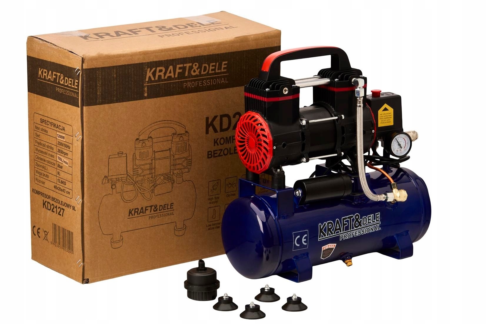 Kompresor Bezolejowy Kraft&Dele 8 Bar 9L 1200W 2850 obr/min 220 L/min