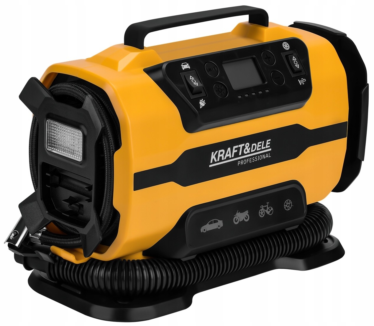Kompresor Samochodowy Sieciowy LCD 12V 230V 140W 150 PSI 35l/min Kraft&Dele