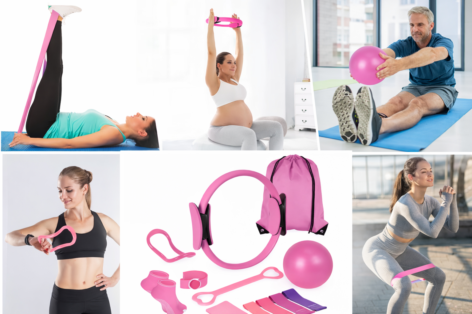 ZESTAW PILATES FITNESS JOGA 13w1 OBRĘCZ KOŁO DO PILATESU TAŚMY OPOROWE RÓŻOWY [FITNESS1]