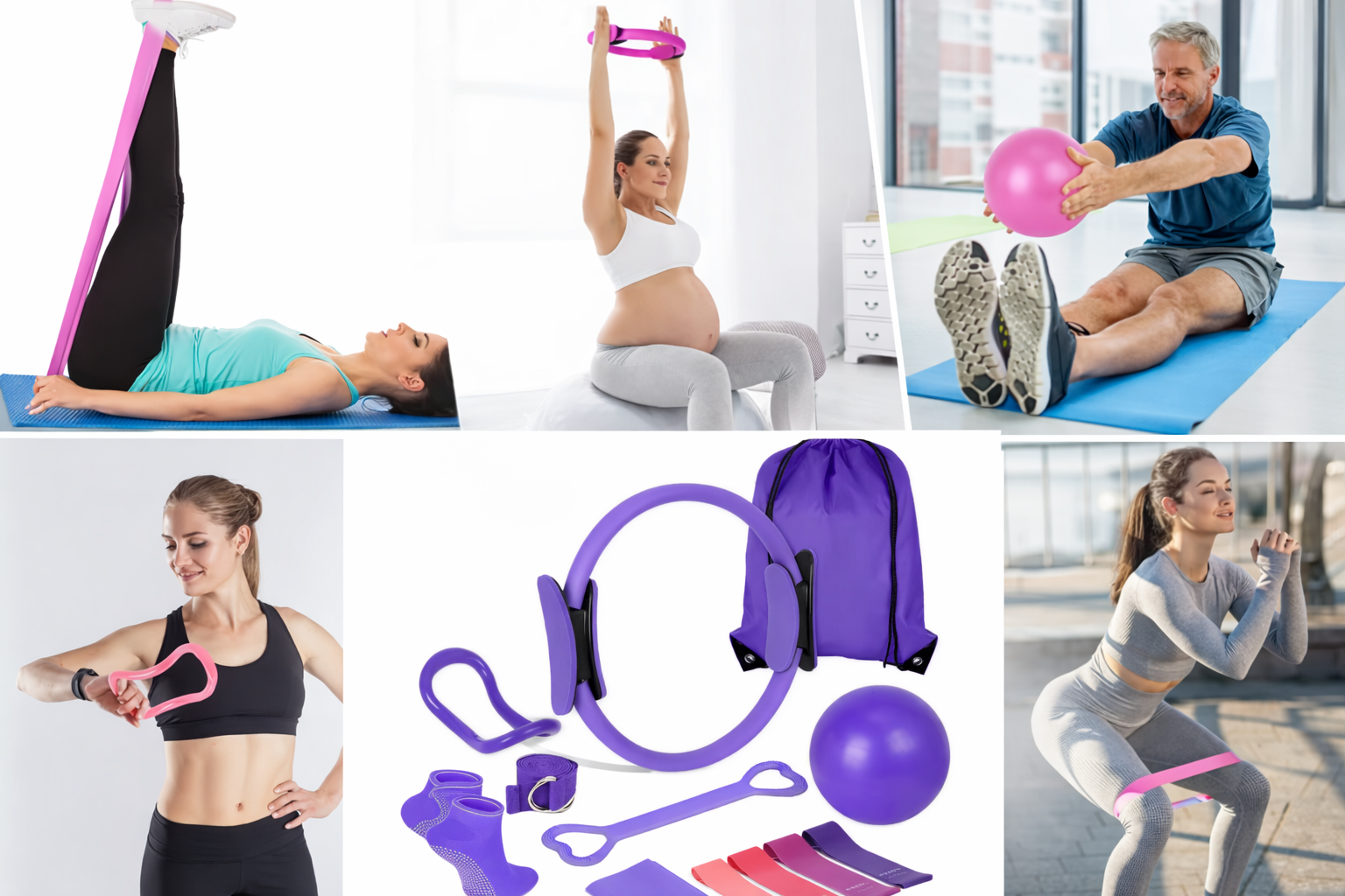 ZESTAW PILATES FITNESS JOGA 13w1 OBRĘCZ KOŁO DO PILATESU TAŚMY OPOROWE FIOLETOWY [FITNESS2]