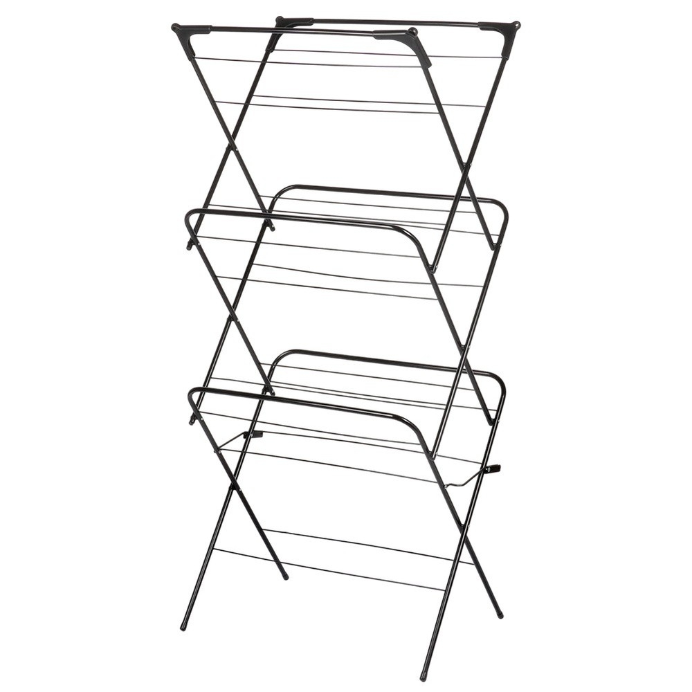 Pionowa suszarka na pranie 3-poziomowa Vilde, metalowa czarna 62x46,5x137,5 cm, 26 prętów, pojemność 12,5 m suszenia, składana, stabilna konstrukcja do wnętrz i na balkon