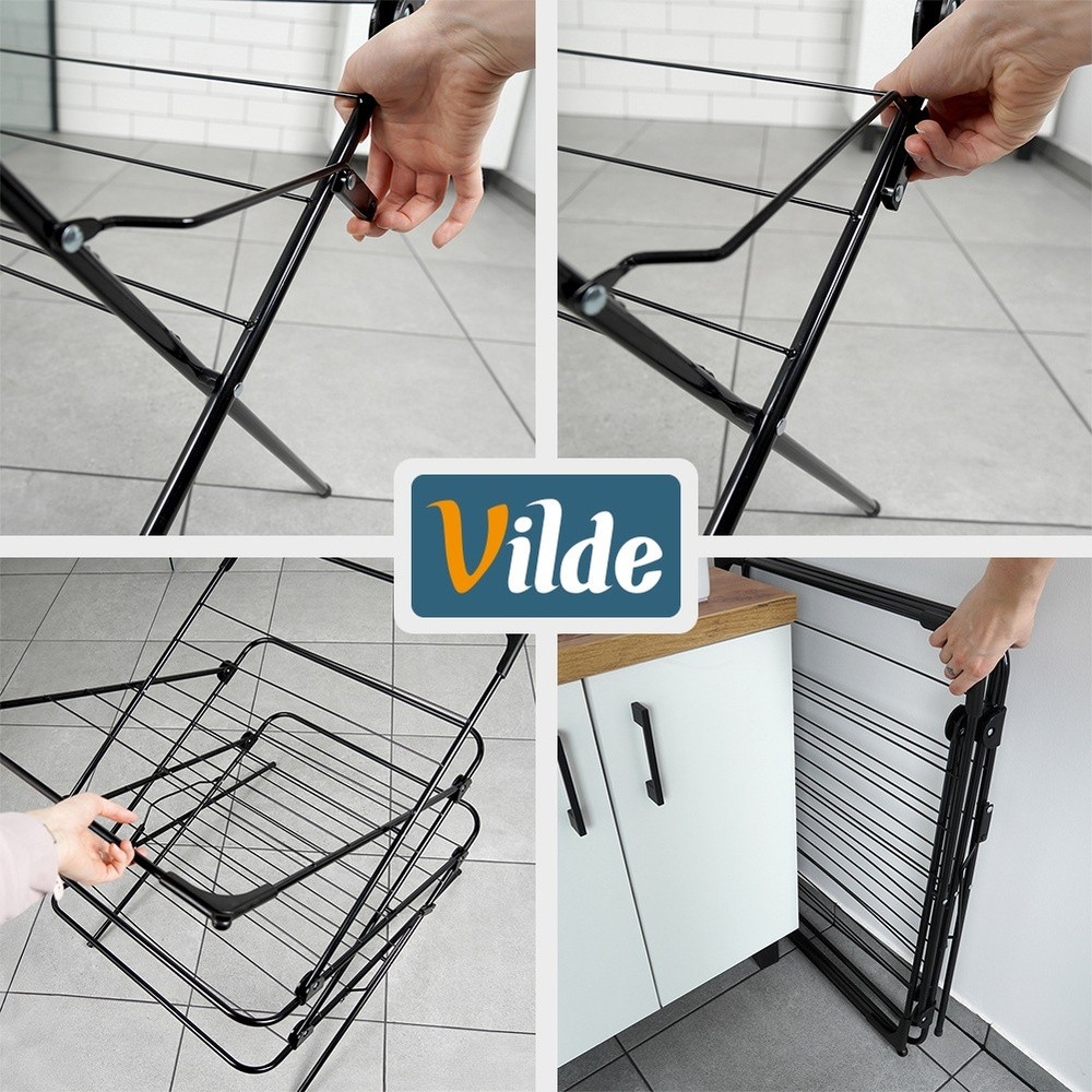 Pionowa suszarka na pranie 3-poziomowa Vilde, metalowa czarna 62x46,5x137,5 cm, 26 prętów, pojemność 12,5 m suszenia, składana, stabilna konstrukcja do wnętrz i na balkon