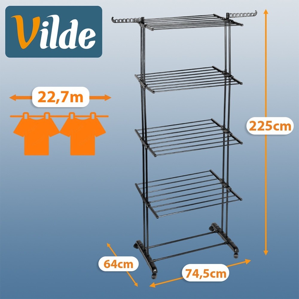 Pionowa suszarka na pranie metalowa XXL 4 poziomy 32 pręty czarna na kółkach 74,5×64×225 cm