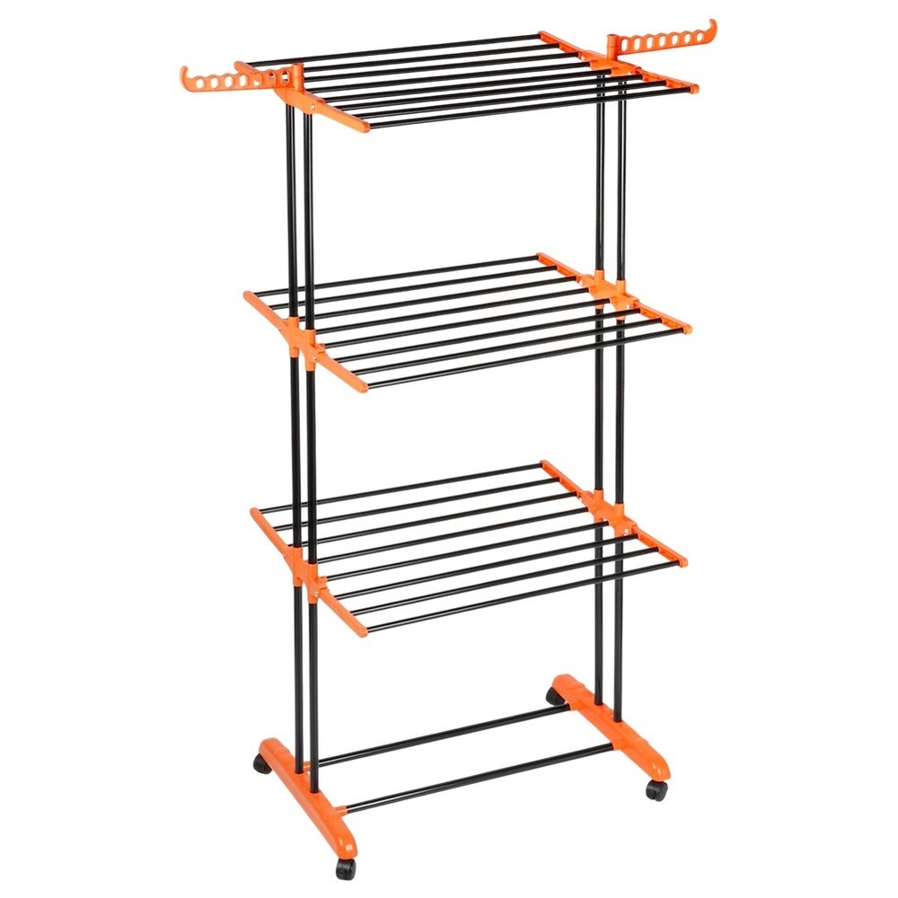 Pionowa suszarka na pranie Vilde XXL 3-poziomowa 24 pręty czarna na kółkach 73×170 cm, składane skrzydła, półka na buty, udźwig 24 kg
