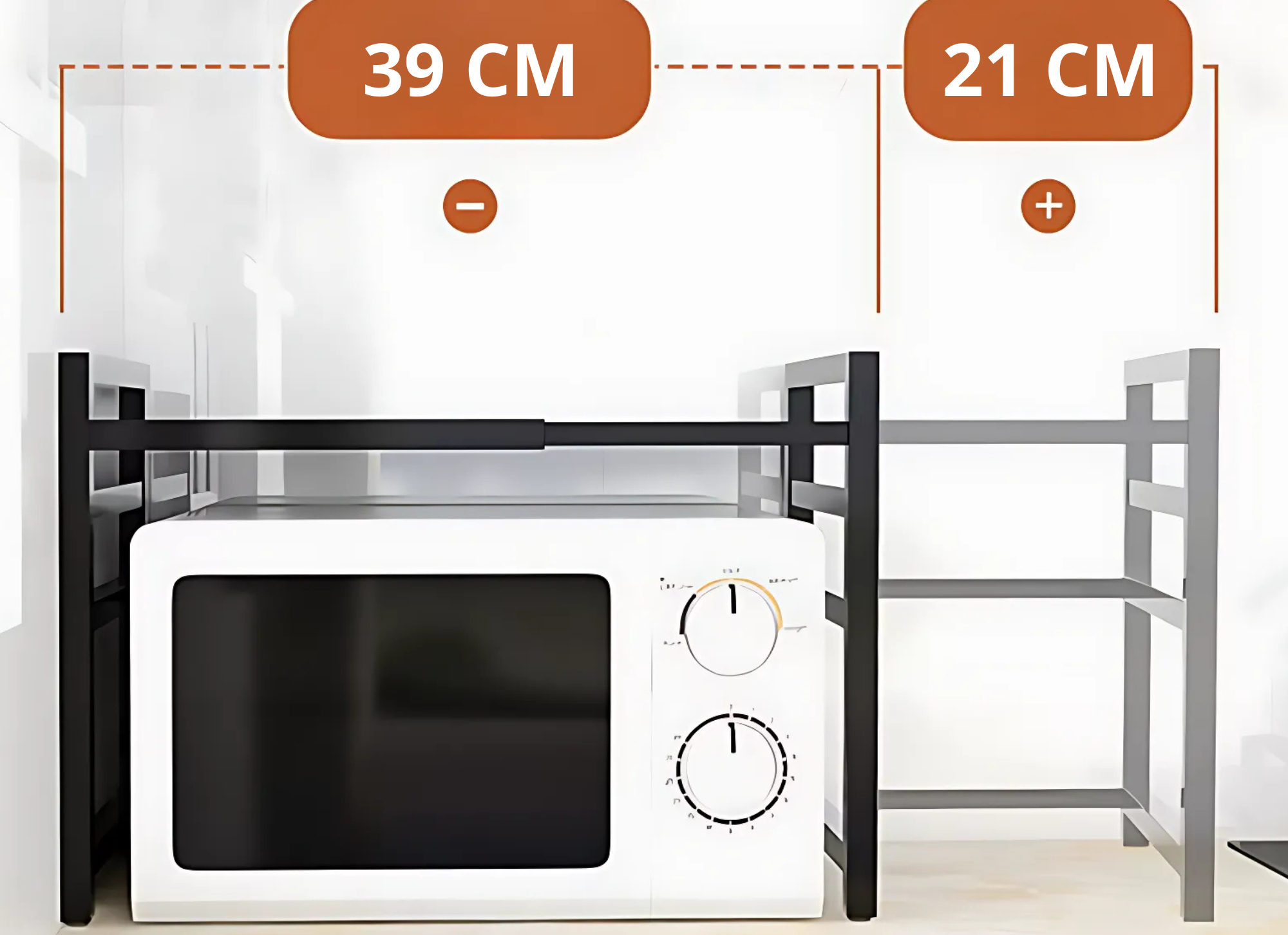 PÓŁKA STOJAK NAD MIKROFALÓWKĘ Z HACZYKAMI CZARNA LOFT REGULOWANA [POLKAM3]