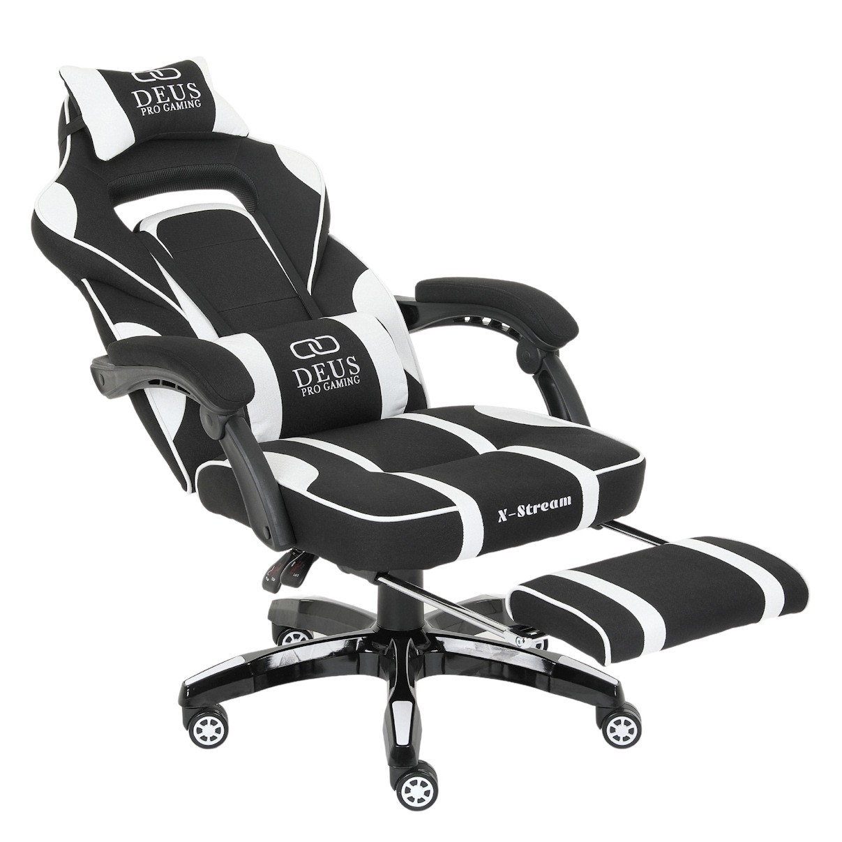 Fotel gamingowy DEUS X-Stream Pro  – ergonomiczny, biało-czarny z tkaniny, wysuwanym podnóżkiem i regulowanymi poduszkami