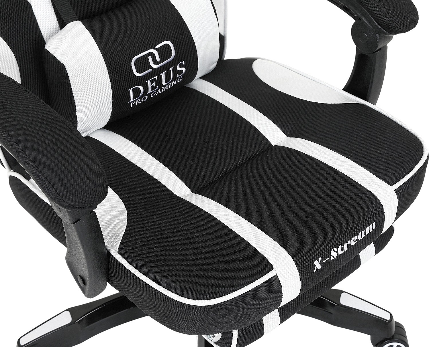 Fotel gamingowy DEUS X-Stream Pro  – ergonomiczny, biało-czarny z tkaniny, wysuwanym podnóżkiem i regulowanymi poduszkami