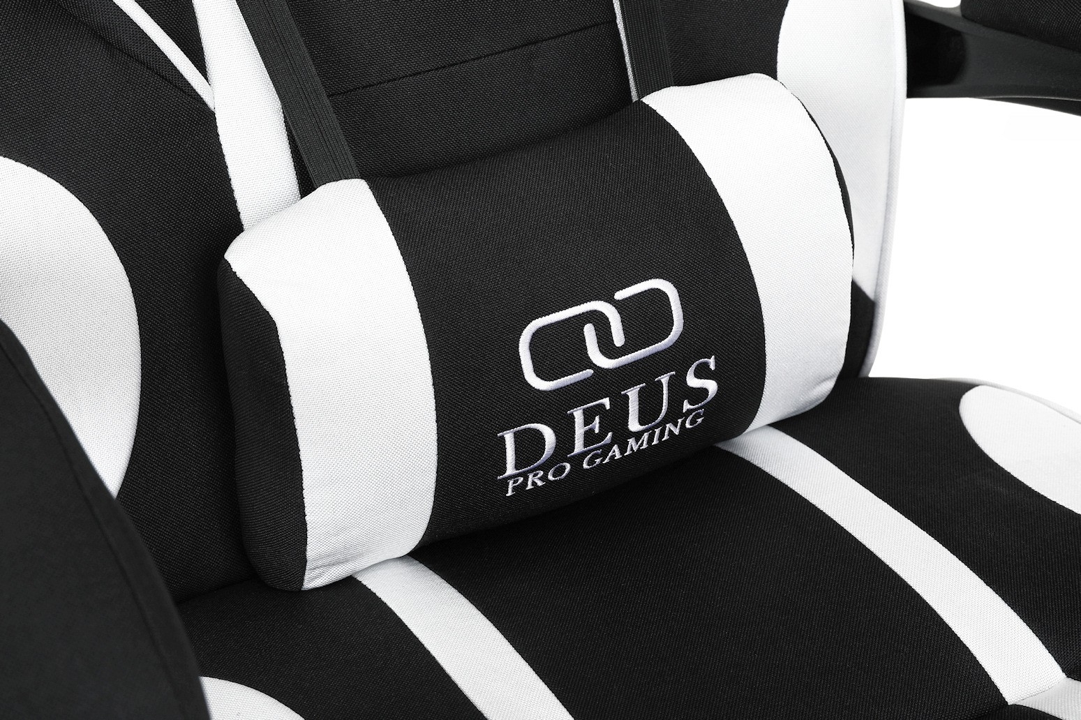 Fotel gamingowy DEUS X-Stream Pro  – ergonomiczny, biało-czarny z tkaniny, wysuwanym podnóżkiem i regulowanymi poduszkami