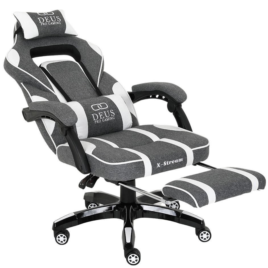 Fotel gamingowy DEUS X-Stream Gray/White — ergonomiczny z wysuwanym podnóżkiem, tkanina, 2 poduszki, kauczukowe kółka, regulowane oparcie