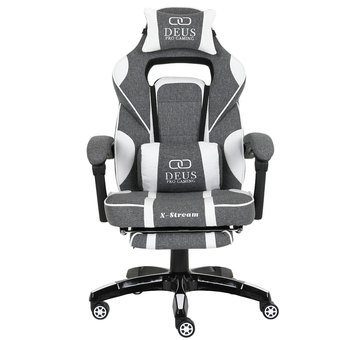 Fotel gamingowy DEUS X-Stream Gray/White — ergonomiczny z wysuwanym podnóżkiem, tkanina, 2 poduszki, kauczukowe kółka, regulowane oparcie