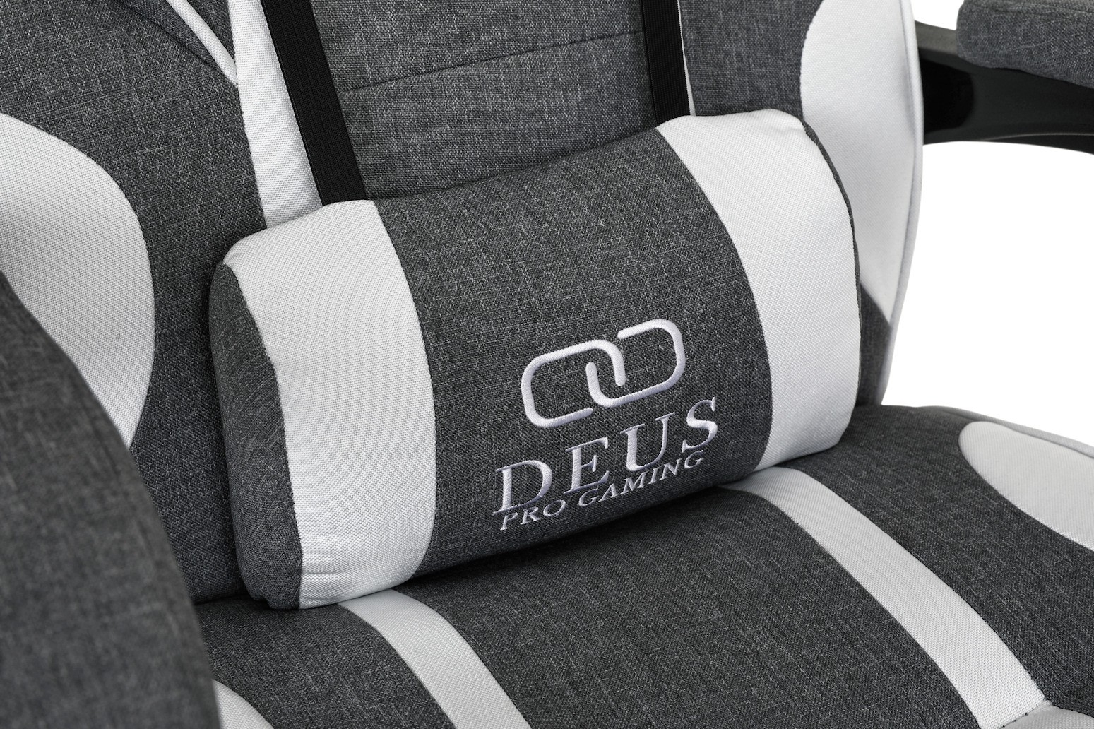 Fotel gamingowy DEUS X-Stream Gray/White — ergonomiczny z wysuwanym podnóżkiem, tkanina, 2 poduszki, kauczukowe kółka, regulowane oparcie