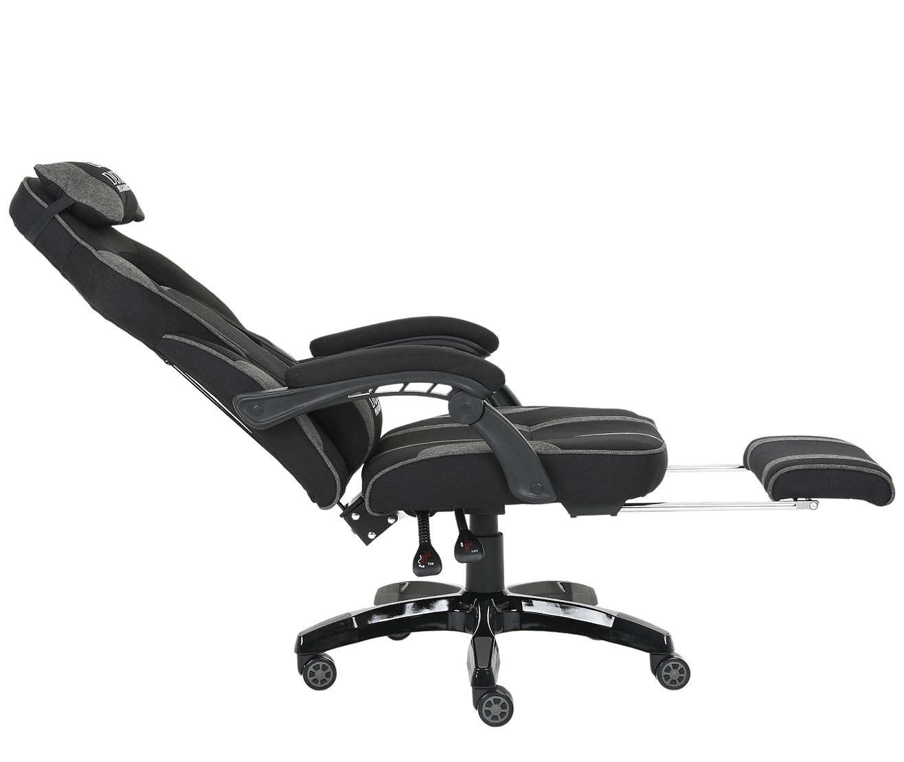 Deus X-Stream Fotel gamingowy z tkaniny z podnóżkiem i regulowanymi poduszkami – ciemnoszary, ergonomiczny, kółka kauczukowe
