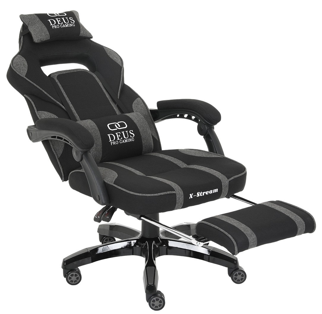 Deus X-Stream Fotel gamingowy z tkaniny z podnóżkiem i regulowanymi poduszkami – ciemnoszary, ergonomiczny, kółka kauczukowe