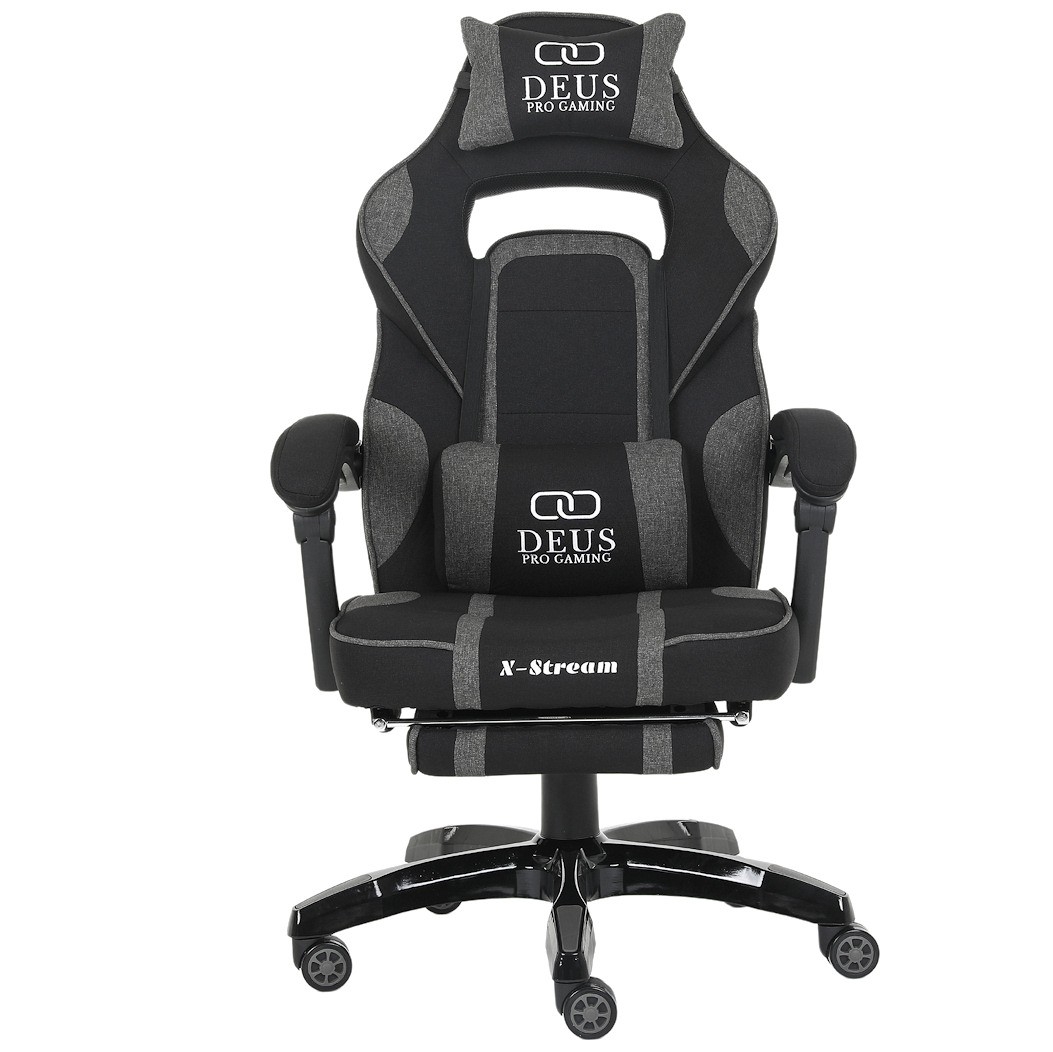Deus X-Stream Fotel gamingowy z tkaniny z podnóżkiem i regulowanymi poduszkami – ciemnoszary, ergonomiczny, kółka kauczukowe