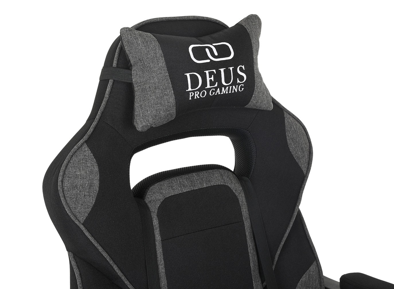 Deus X-Stream Fotel gamingowy z tkaniny z podnóżkiem i regulowanymi poduszkami – ciemnoszary, ergonomiczny, kółka kauczukowe