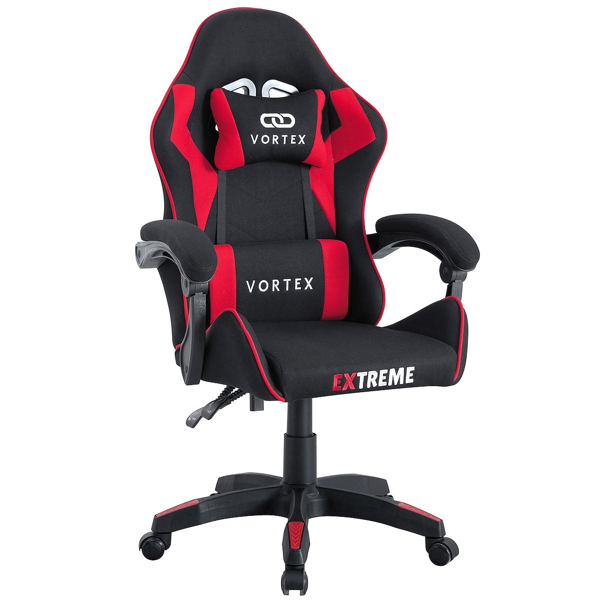 Fotel gamingowy EXTREME Vortex Red – ergonomiczny, tapicerowany fotel dla graczy z regulowanym oparciem i poduszkami, obrotowy 360° (czarno-czerwony)