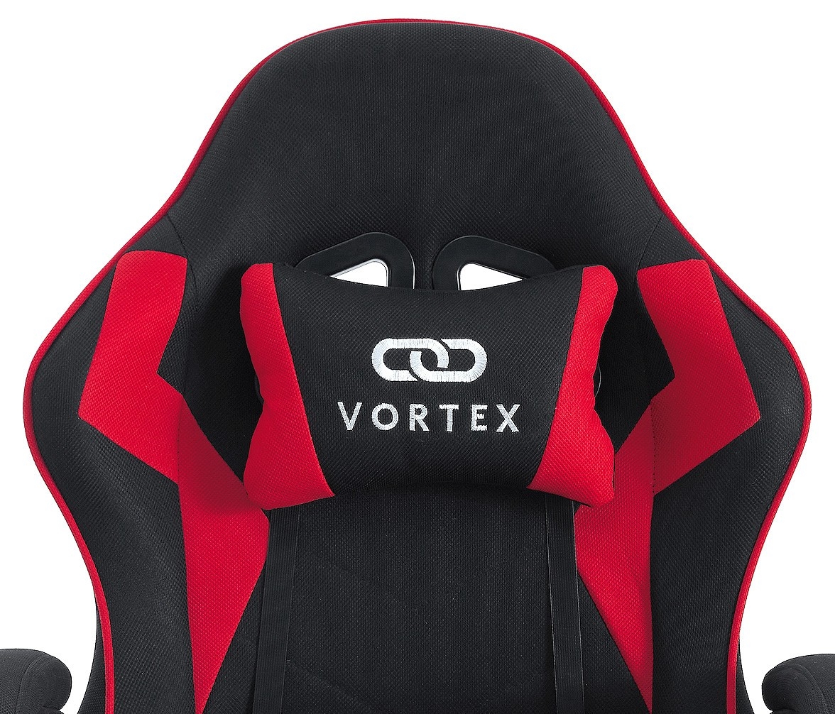 Fotel gamingowy EXTREME Vortex Red – ergonomiczny, tapicerowany fotel dla graczy z regulowanym oparciem i poduszkami, obrotowy 360° (czarno-czerwony)