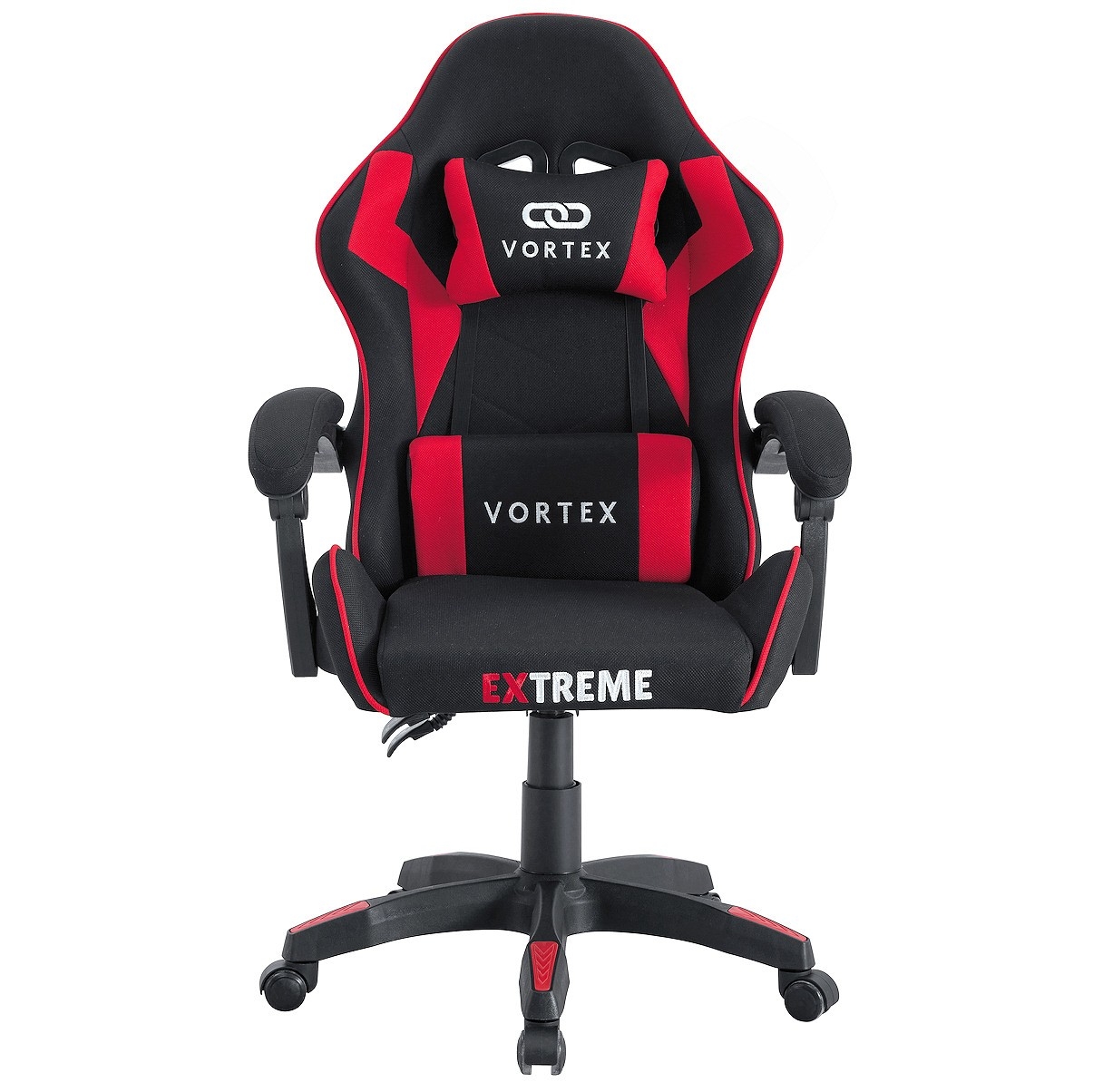 Fotel gamingowy EXTREME Vortex Red – ergonomiczny, tapicerowany fotel dla graczy z regulowanym oparciem i poduszkami, obrotowy 360° (czarno-czerwony)