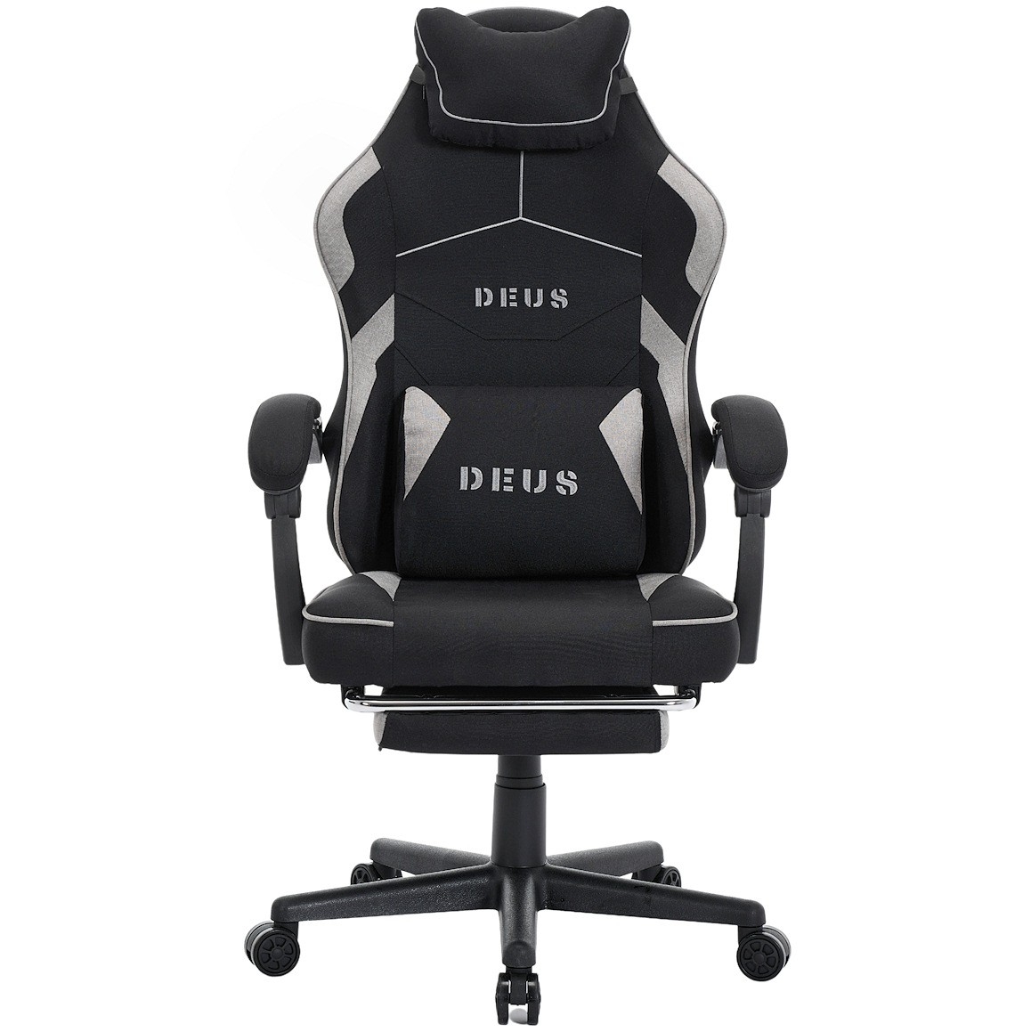 Fotel gamingowy DEUS EDGE z tkaniną i wysuwanym podnóżkiem — ergonomiczny fotel biurowy 360° (czarny)