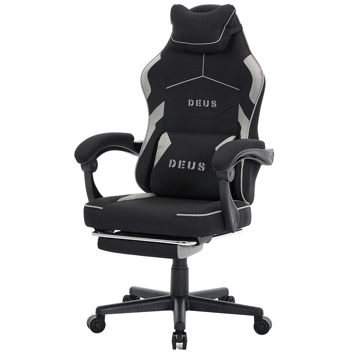 Fotel gamingowy DEUS EDGE z tkaniną i wysuwanym podnóżkiem — ergonomiczny fotel biurowy 360° (czarny)