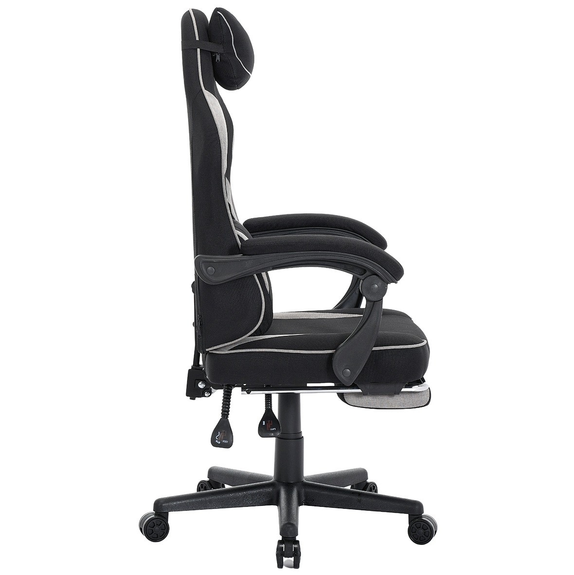 Fotel gamingowy DEUS EDGE z tkaniną i wysuwanym podnóżkiem — ergonomiczny fotel biurowy 360° (czarny)
