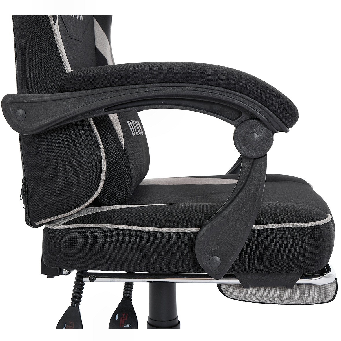 Fotel gamingowy DEUS EDGE z tkaniną i wysuwanym podnóżkiem — ergonomiczny fotel biurowy 360° (czarny)