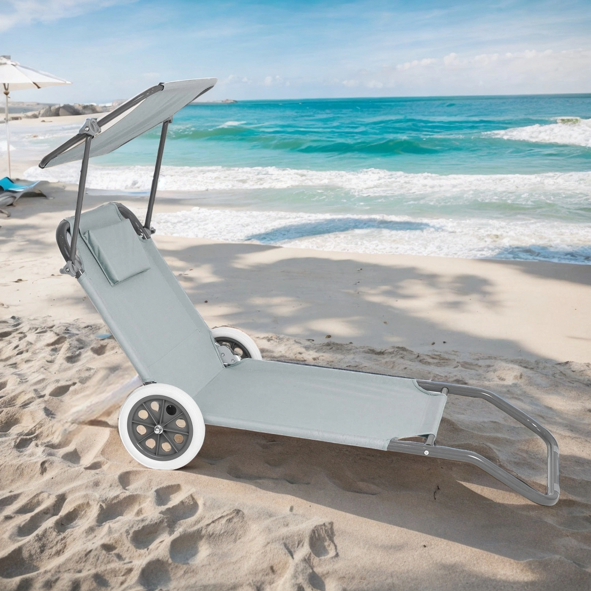 Leżak plażowy z daszkiem i kółkami szary składany lekki