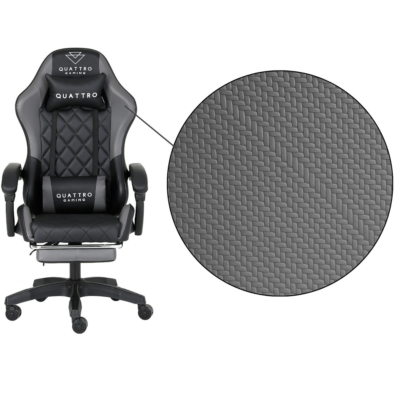 Fotel Gamingowy Szary z Podnóżkiem Eco Skóra QUATTRO Gray