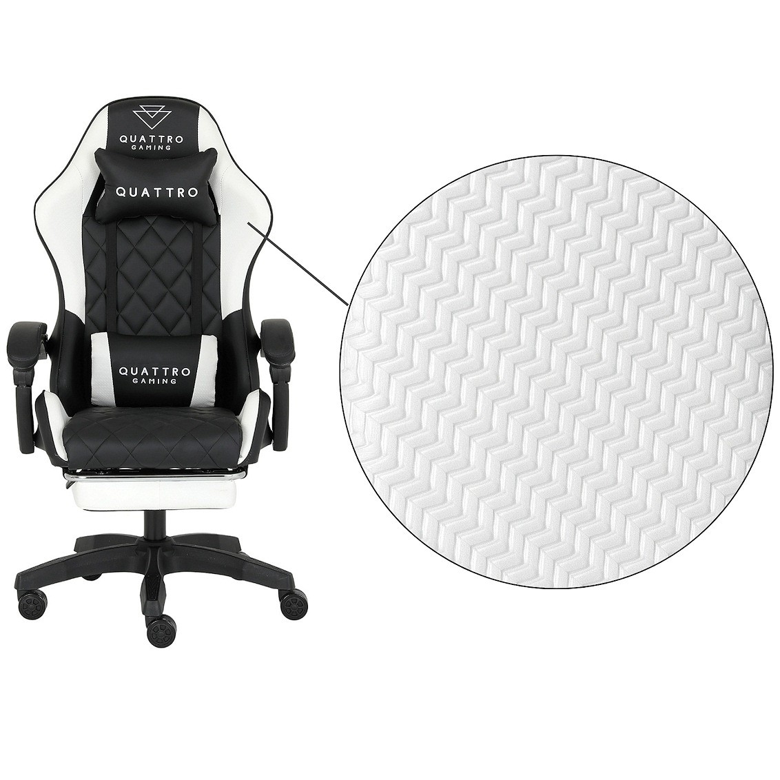 Fotel Gamingowy Quattro White Podnóżek Pikowany Eco Skóra Premium