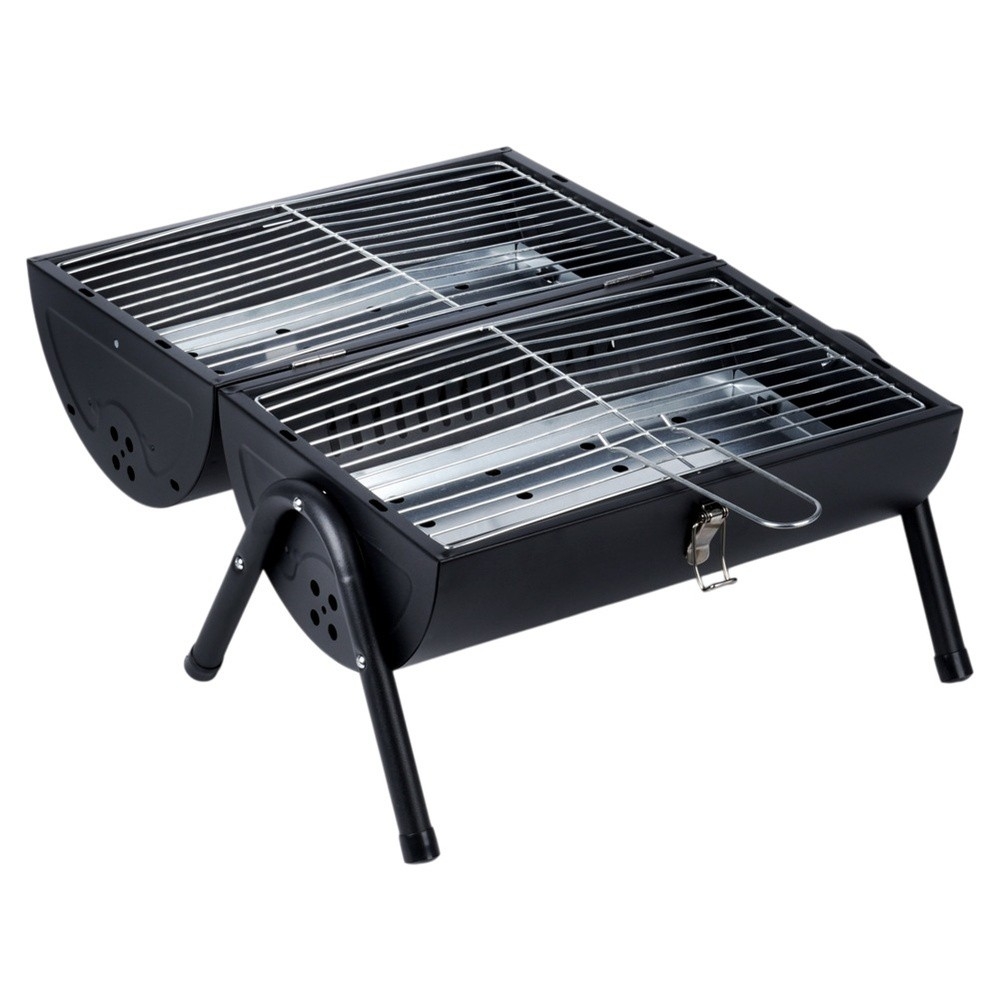 Grill węglowy stalowy z kominem podwójny ruszt przenośny 41x25x38 cm