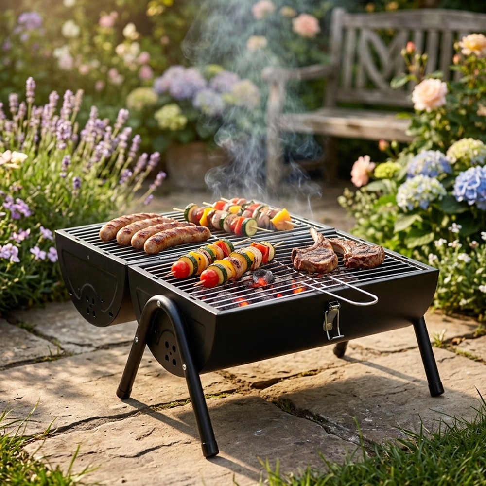 Grill węglowy stalowy z kominem podwójny ruszt przenośny 41x25x38 cm