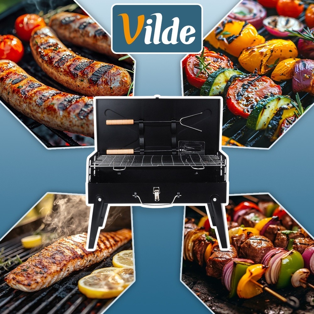 Grill węglowy składany przenośny walizka z przyborami 43x26x29 cm