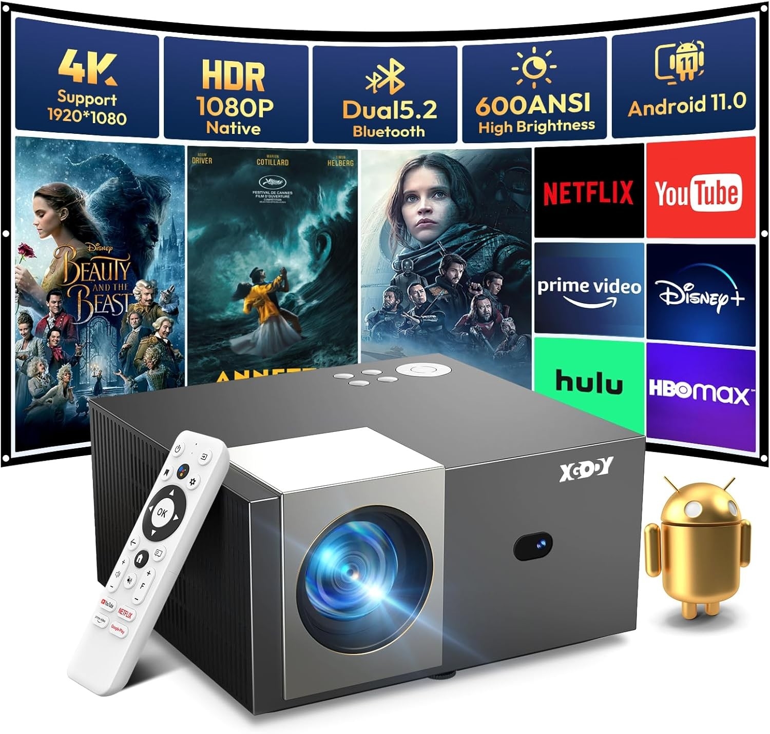 Projektor XGODY Sail2 Android TV 11 1080p 4K WiFi Bluetooth, Rzutnik LED