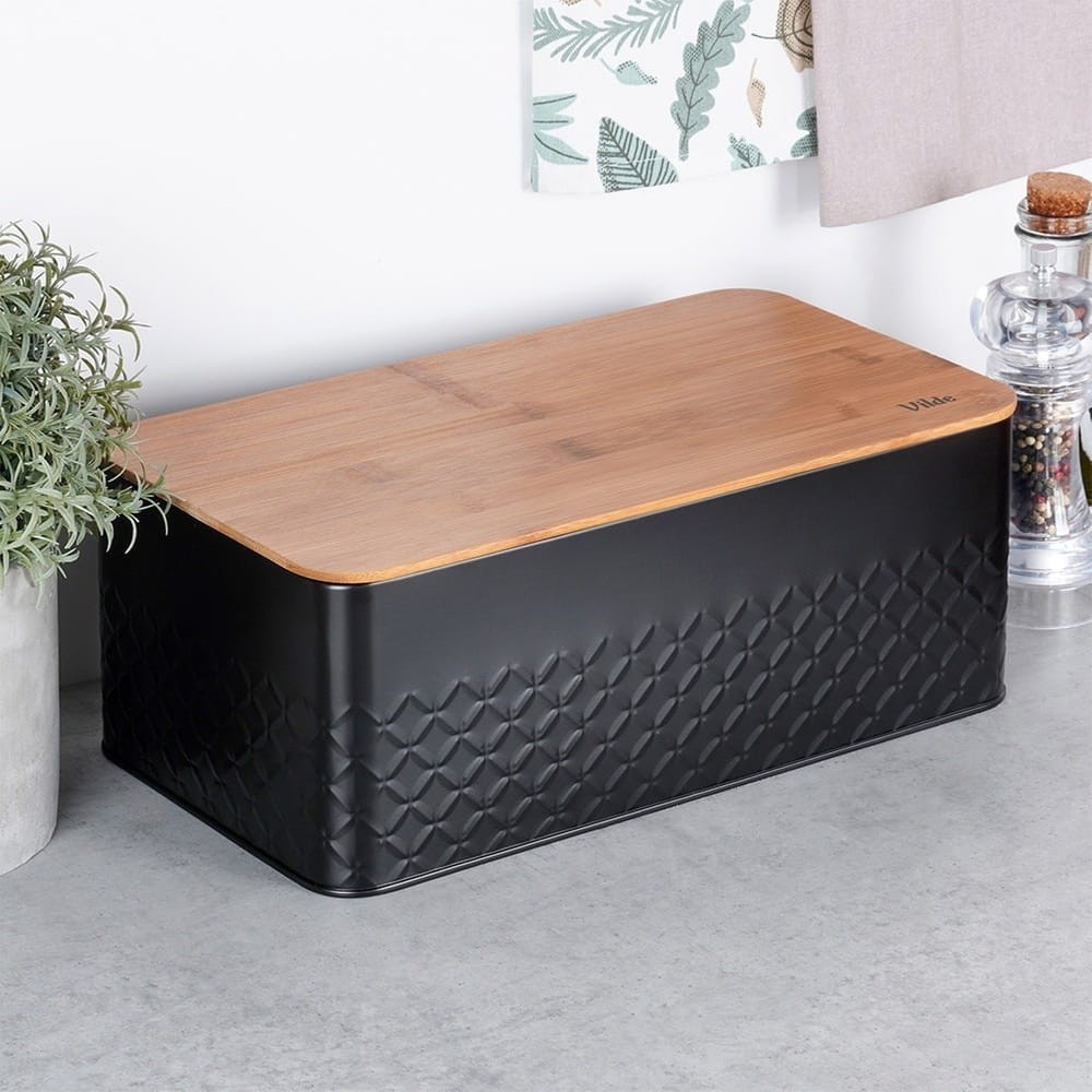 Chlebak metalowy z deską drewnianą czarny 33,5x18,5x12,5 cm