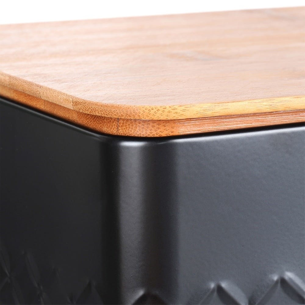 Chlebak metalowy z deską drewnianą czarny 33,5x18,5x12,5 cm