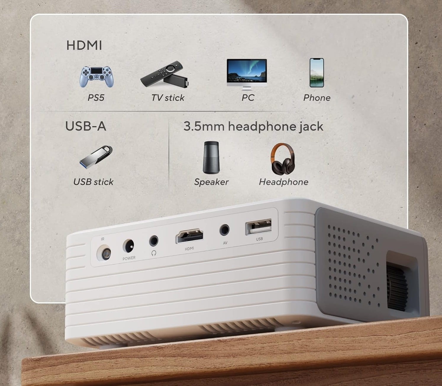Mini Projektor AKIYO O1 – HD 720P, przenośny, 142", złącza HDMI/USB