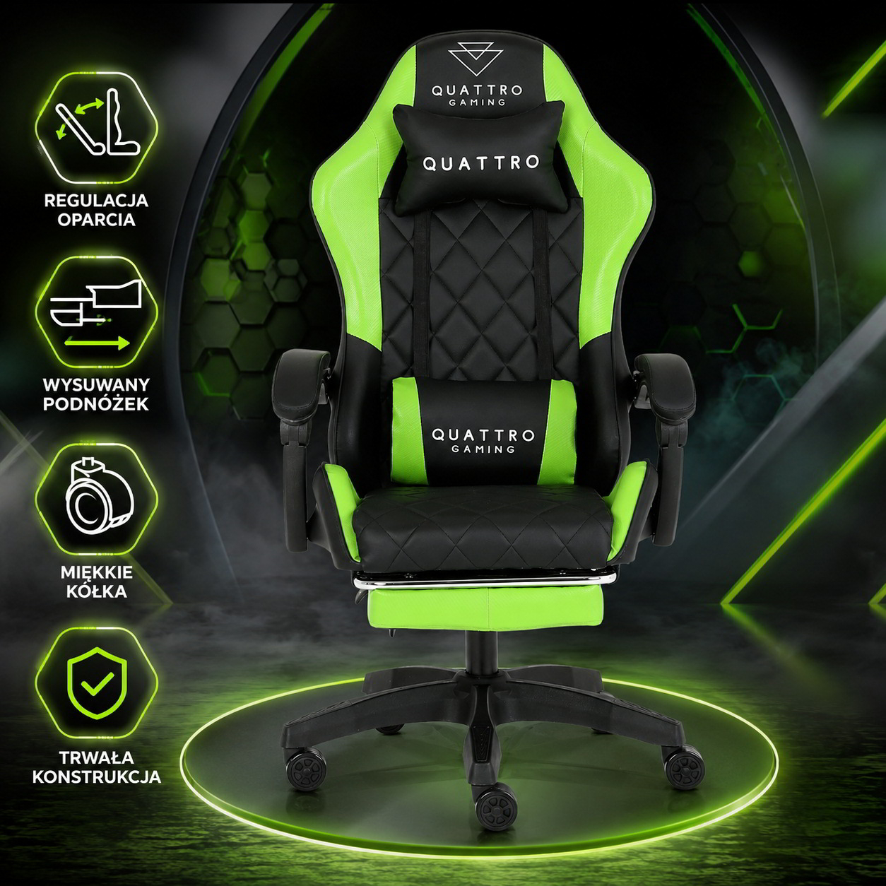 Fotel Gamingowy z podnóżkiem QUATTRO Green - Zielony
