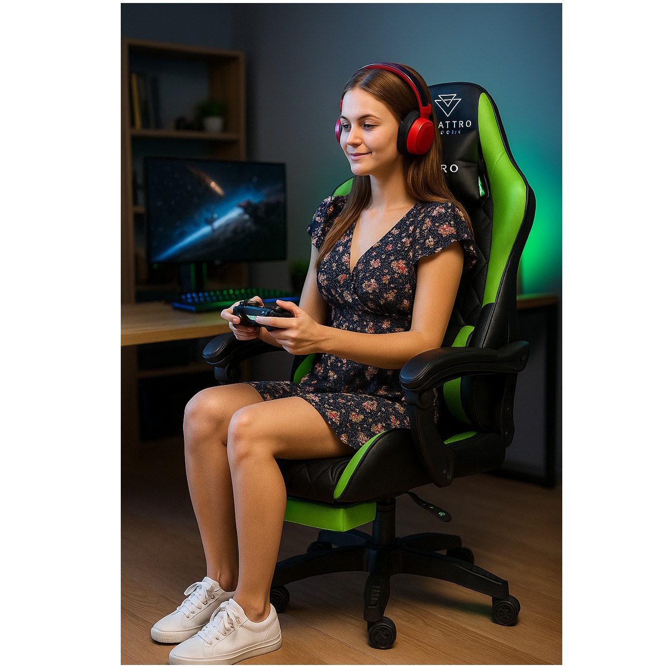 Fotel Gamingowy z podnóżkiem QUATTRO Green - Zielony