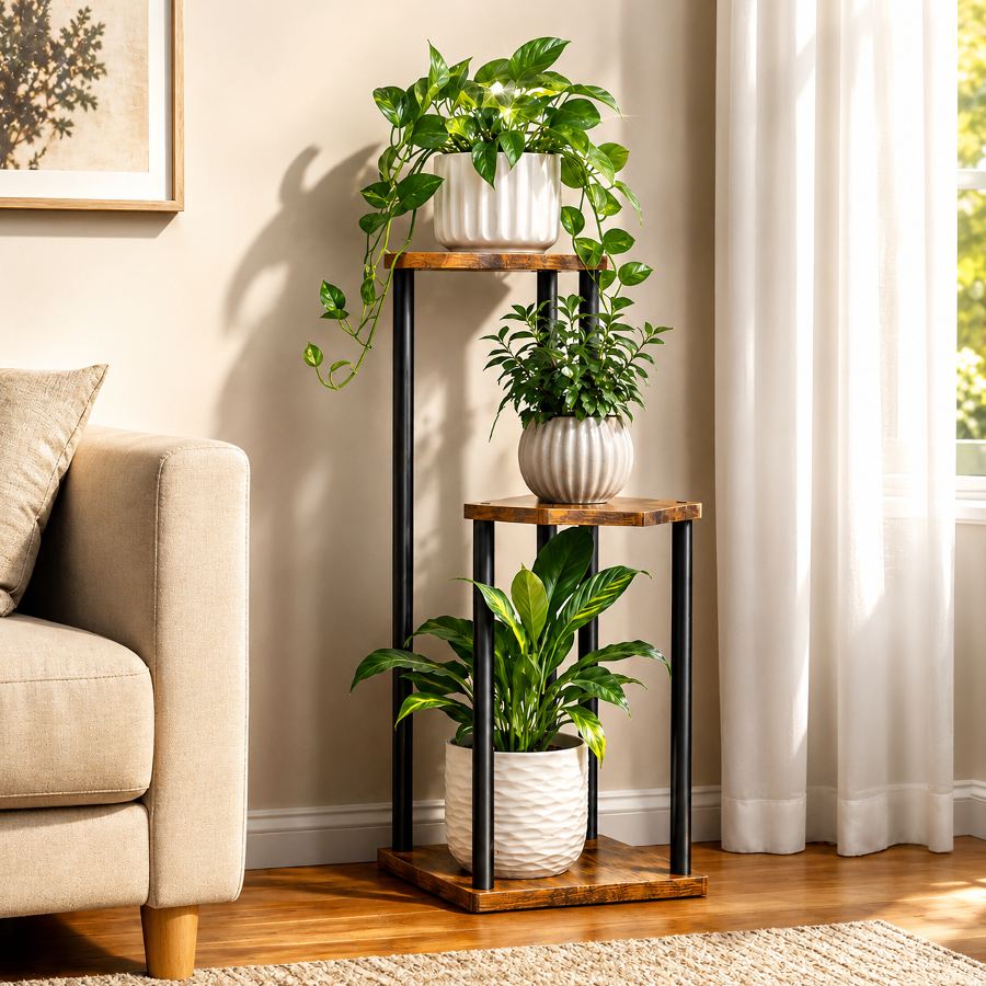 Kwietnik Stojący 3 Poziomy Metal Drewno Loft FX31205