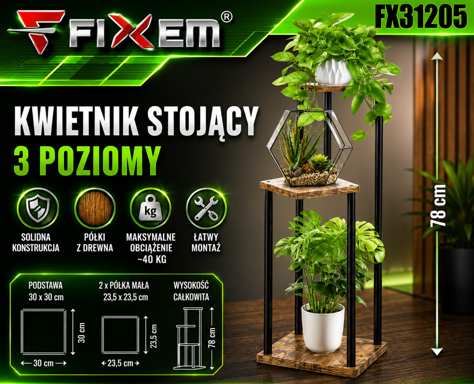 Kwietnik Stojący 3 Poziomy Metal Drewno Loft FX31205