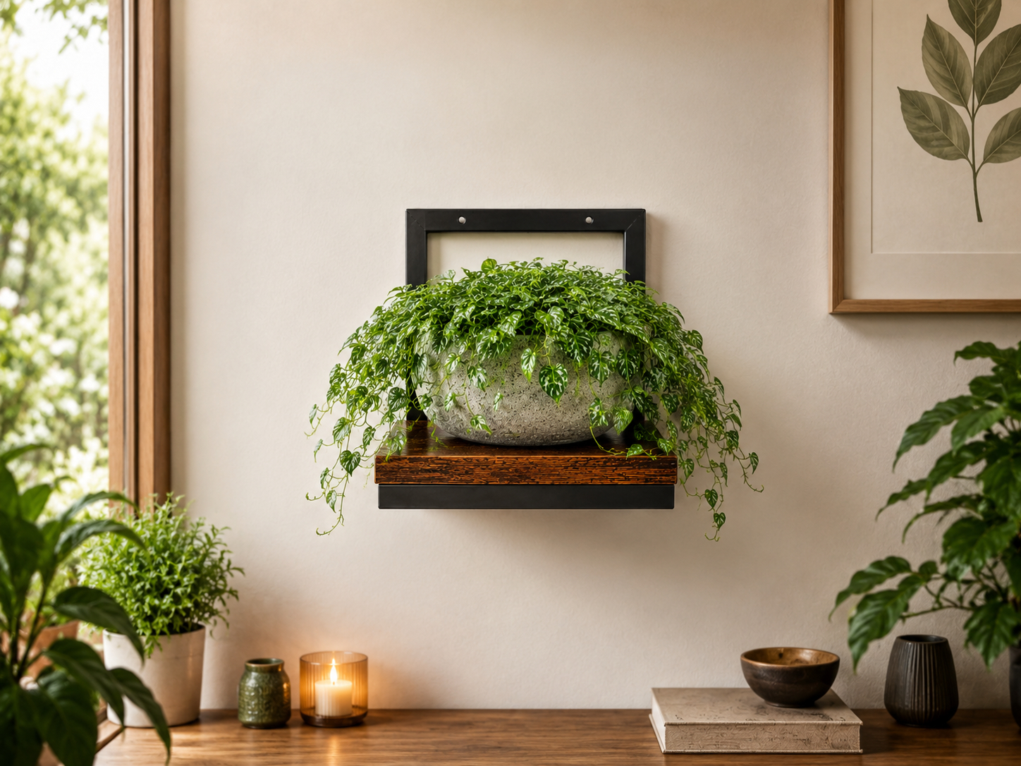 Kwietnik Ścienny Loft Metalowy z Drewnianą Półką FX31131