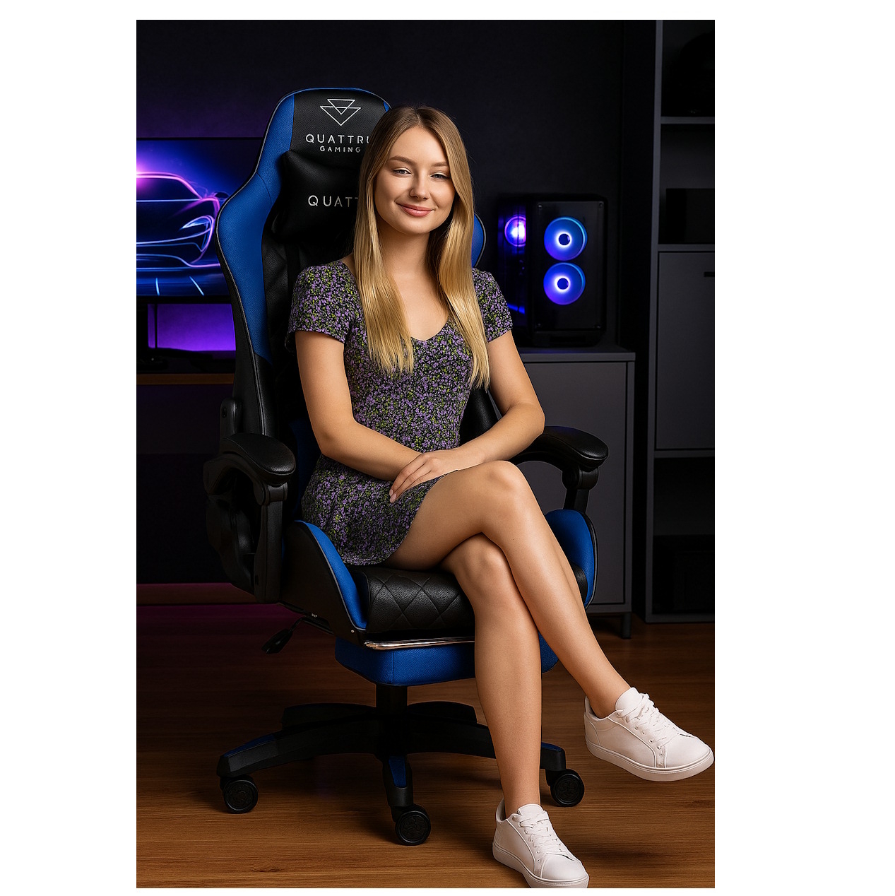 Fotel Gamingowy Niebieski z podnóżkiem QUATTRO Blue