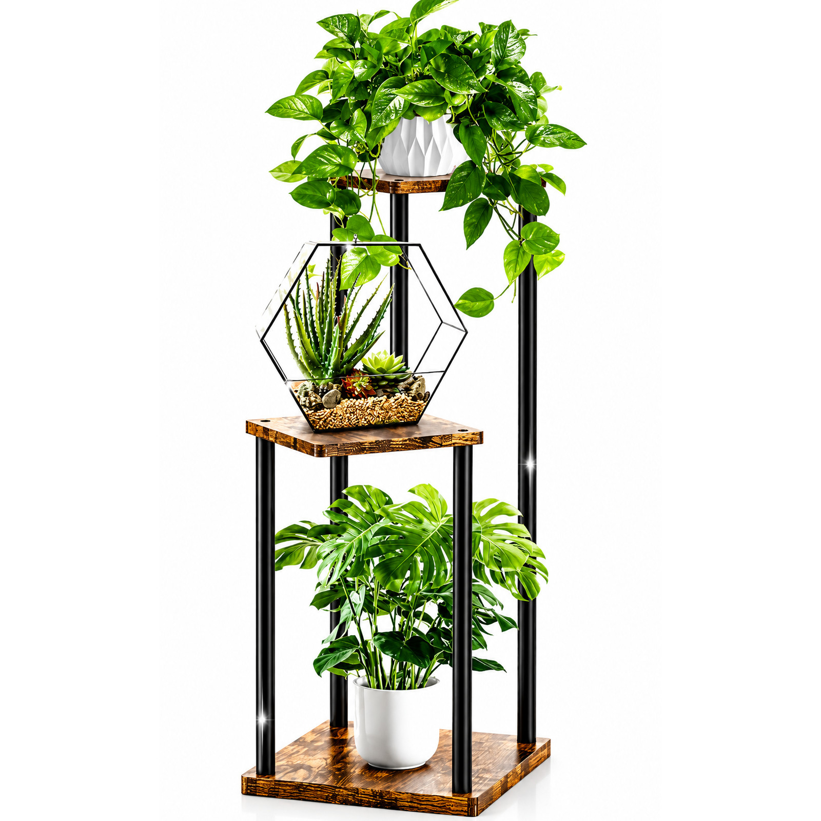 Kwietnik Stojący 3 Poziomy Metal Drewno Loft FX31205